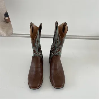Cowboy, Cizme Scurte pentru Femei 2022 Fermiera Moda Cizme de Vest Femei Brodate Casual Square Toe Pantofi de Designer Bota Feminina