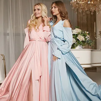 Moale, Elegant, Din Satin V-Gât Rochie De Seara Mâneci Lungi 2022 Prom Rochii O-Linie Pentru Femei De Moda Arc Eșarfe Fantă Vestidos De Noche