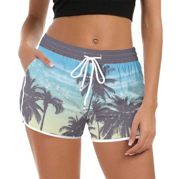 Noua Moda Doamnelor De Pe Litoral Pantaloni Scurți De Plajă Florale Copac De Nucă De Cocos Print Design Stil Casual Confortabile, Lejere, Pantaloni Scurți De Înot Trunchiuri
