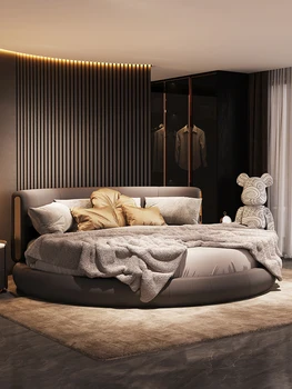 Piele naturala pat rotund cuplu pat vila dormitor matrimonial cu pat dublu 2 metri 2,2 metri high-end grand lux din piele pat