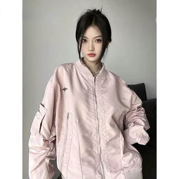 Deeptown Streetwear Roz Sacou Bombardier Femei Supradimensionat Moda Coreeană Urmări Jachete De Epocă Y2k Fermoar Cuplu Canadiană Straturi