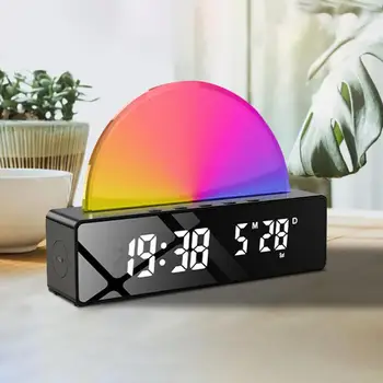 LED Ceas cu Alarmă.RGB Colorate Atmosfera de Noapte Lumina Lămpii.Răsărit De Simulare Trezesc.Desktop Oglindă Ceas Deșteptător Încărcător De Telefon