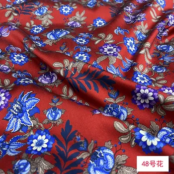 Albastru Florale luminoase de culoare roșie de bază 19momme Stretch de Mătase, Tesatura Satin MulberrySilk