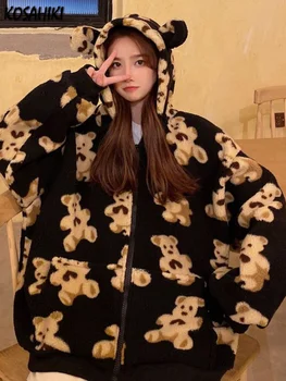 KOSAHIKI Harajuku Teddy Bear Jacheta Print pentru Femei de Iarnă 2023 sex Feminin coreeană Pufos cu Gluga Haina Groasă Cald Streetwear Îmbrăcăminte exterioară