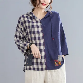 Femei Lenjerie de pat din Bumbac Casual T-shirt Nou 2021 Vară Stil Vintage Mozaic Carouri Vrac Femeie cu Glugă Topuri Teuri S3853
