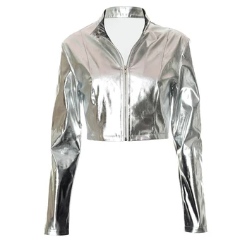 KBAT 2023 Noi Lucios Jacheta din Piele PU pentru Femei Haina de Argint Maneca Lunga Femei Bază Haina de Toamna Jacheta Bomber Moda Streetwear
