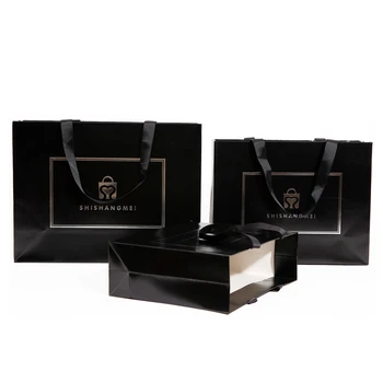 500pcs Personalizate Preț Competitiv Elegant Cund Logo-ul de Lux de tip Boutique de Cumpărături de Hârtie Neagră de Cadou Pungi de Hârtie Cu Panglică Mânere