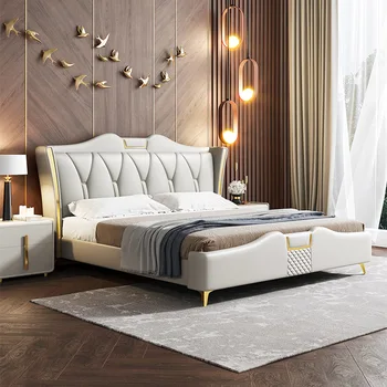 Lumina de lux modern, minimalist din piele, pat dublu, pat de nuntă 1.8 m, dormitor matrimonial de lux lumina din piele pat
