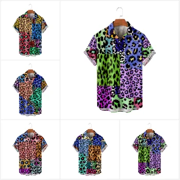 Barbati Tricou Imprimat Leopard Plajă Tropicală Îmbrăcăminte Guler de Turn-down Street Hip Hop Tricouri cu Maneca Scurta de Vara Hawaiian Topuri
