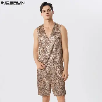2023 Moda pentru Bărbați Seturi de Leopard de Imprimare Streetwear Vară V Gâtului fără Mâneci Buton Jos Veste și pantaloni Scurți 2 BUC Bărbați Costume Casual INCERUN