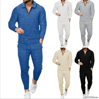 De vară pentru Bărbați Seturi Casual cu Maneci Lungi de Trening Barbati Streetwear Culoare Solidă Două Piese Set Tricou+Pantaloni Set Bărbați Costum de Sport